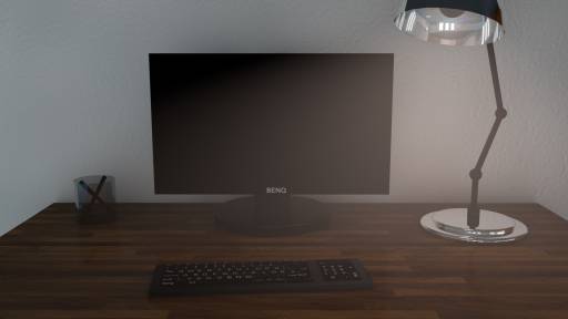 Schreibtisch mit Lampe und Computer